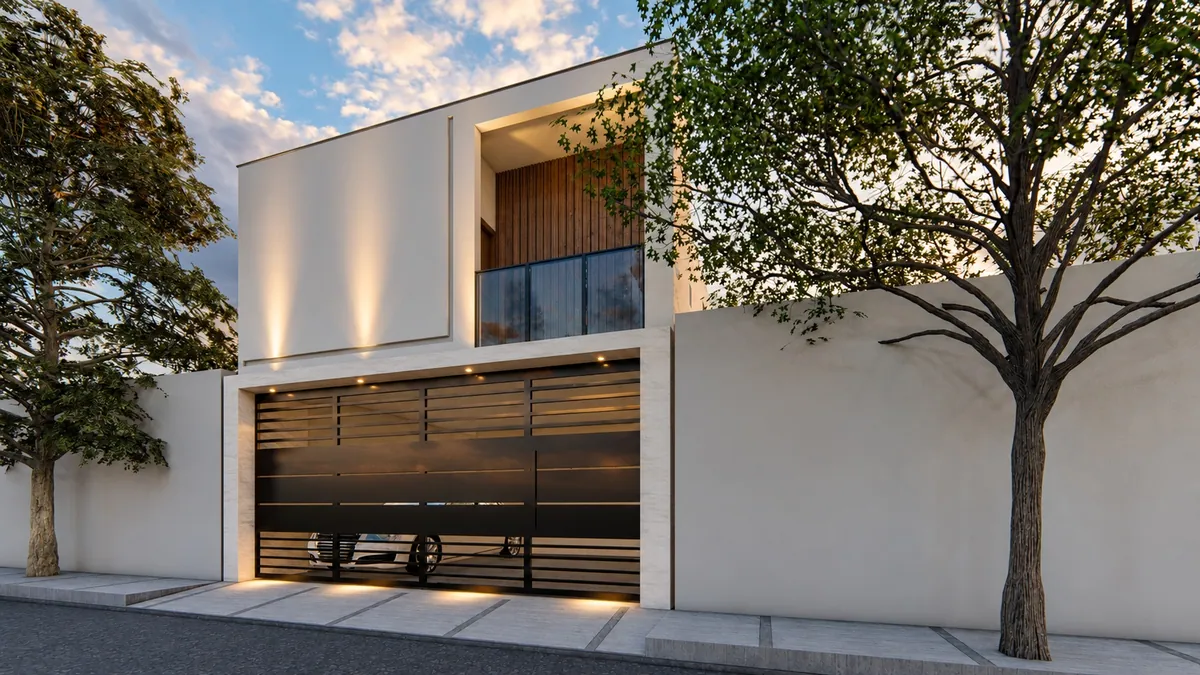 Render en perspectiva de una fachada contemporánea al atardecer