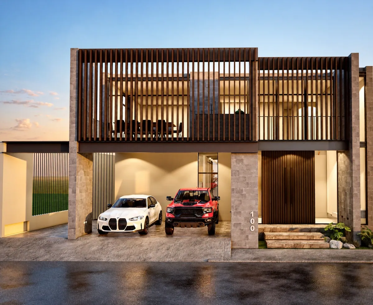 Render de la fachada de Casa Sienna iluminada al atardecer